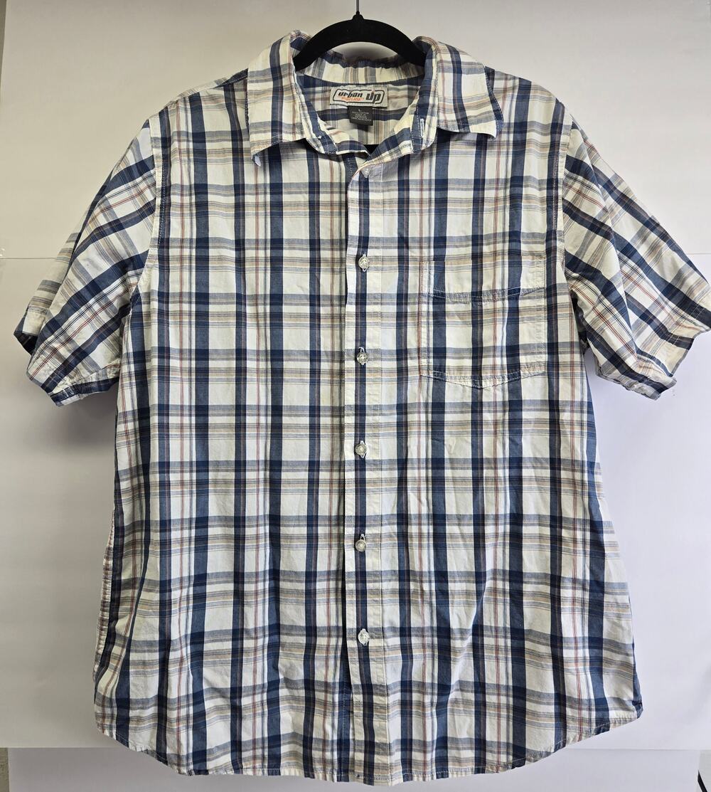 Men's SZ L Urban Up Pipeline short-sleeve button-up shirt blue and white plaid